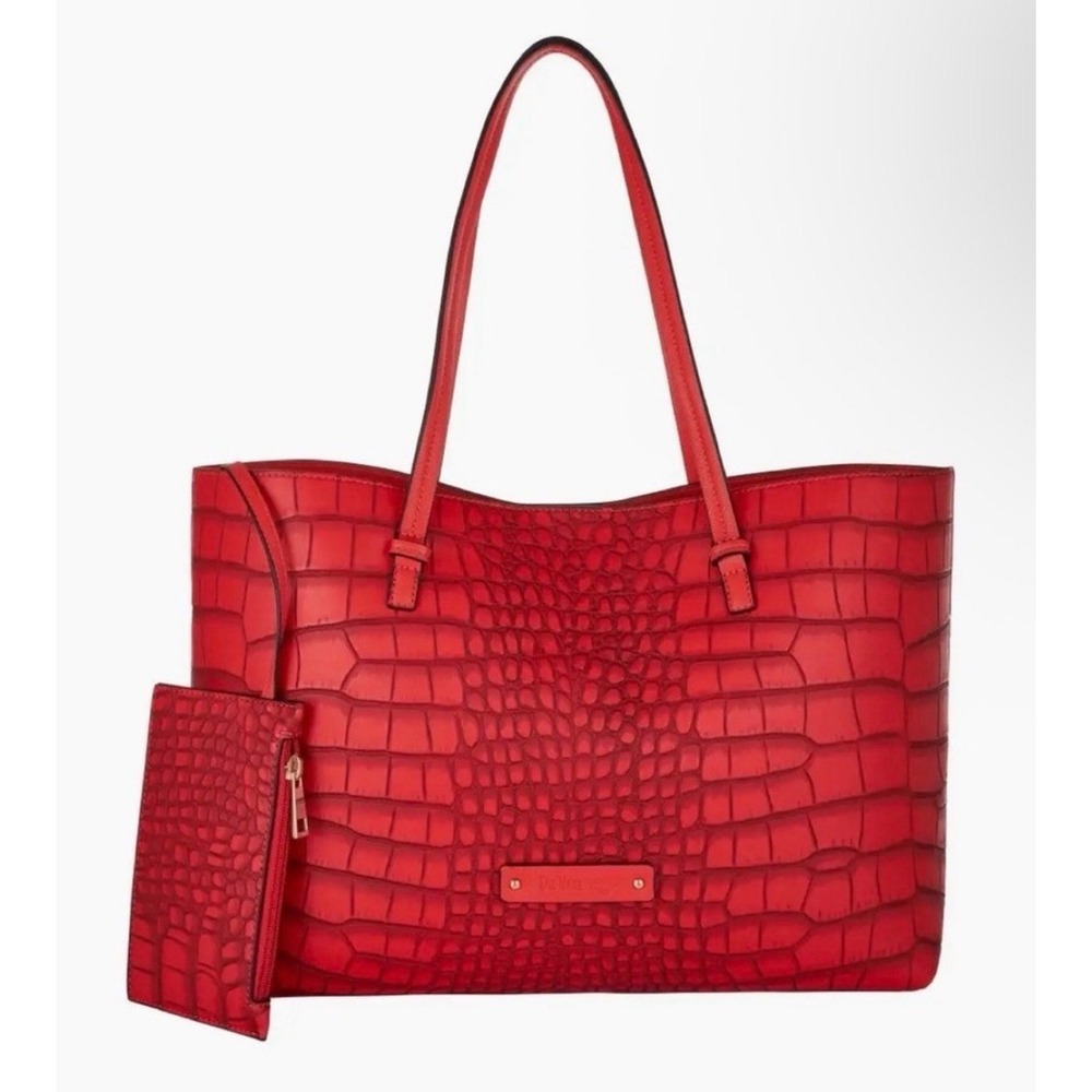 De Vesi Tote Bag Womens Large Red Croc Embossed Faux Leather Shoulder Bag New